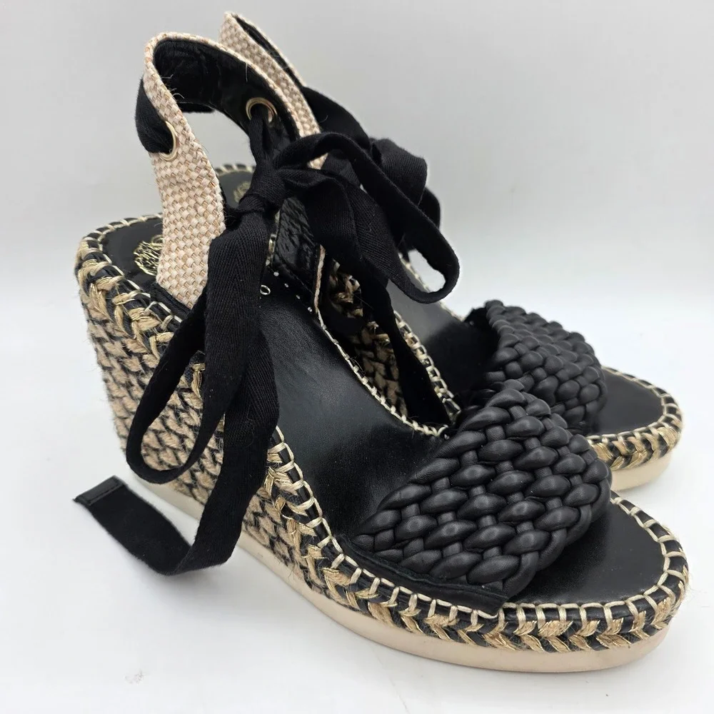 Vince Camuto Bryleigh Black Woven Leather Espadrille Wedge Sandals Women's 7M